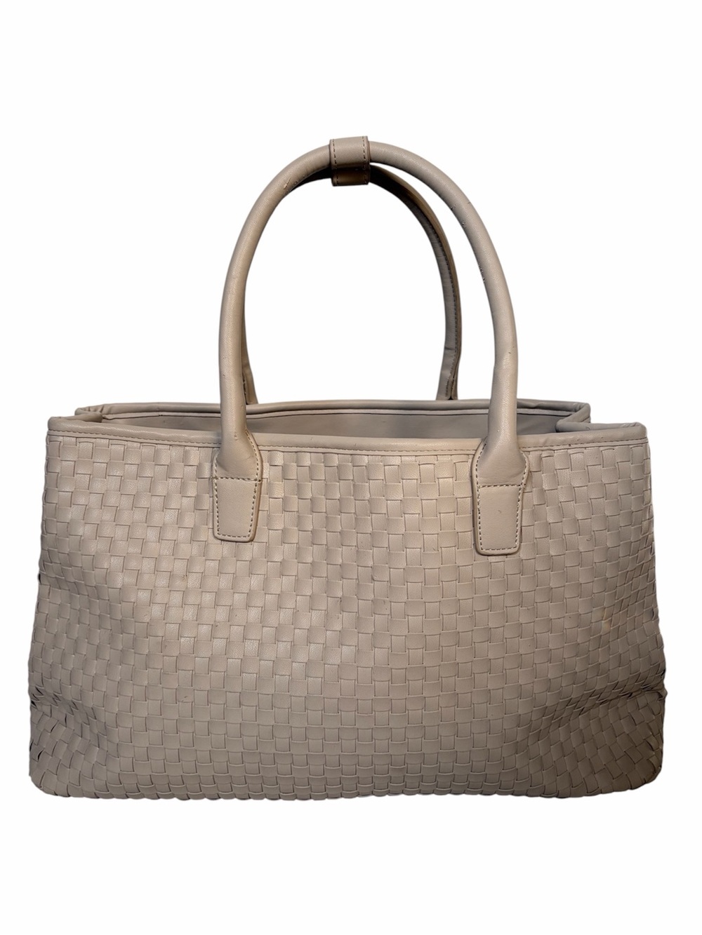 Lulu Dharma Cream Vegan Faux Leather Woven Texture Large Tote Shoulder Bag